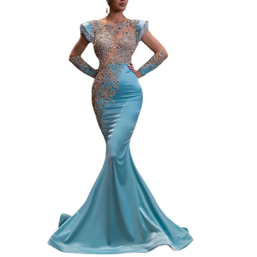 ZARA Light Blue Mermaid Maxi Dress Gold Series Slimming Elegant Evening Gown